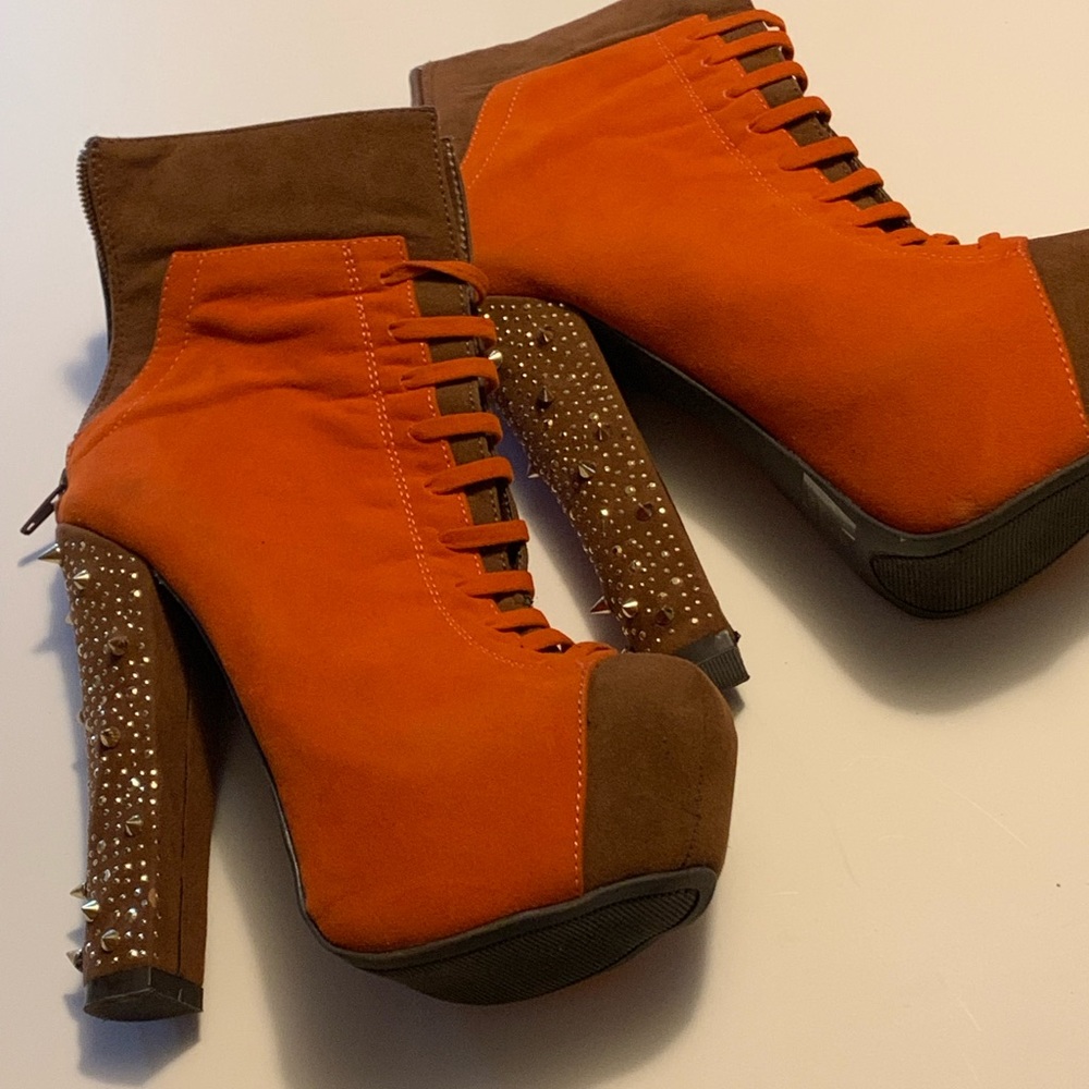 Lilliana Suede Platform Heels Orange and Brown W/ Gold Spikea